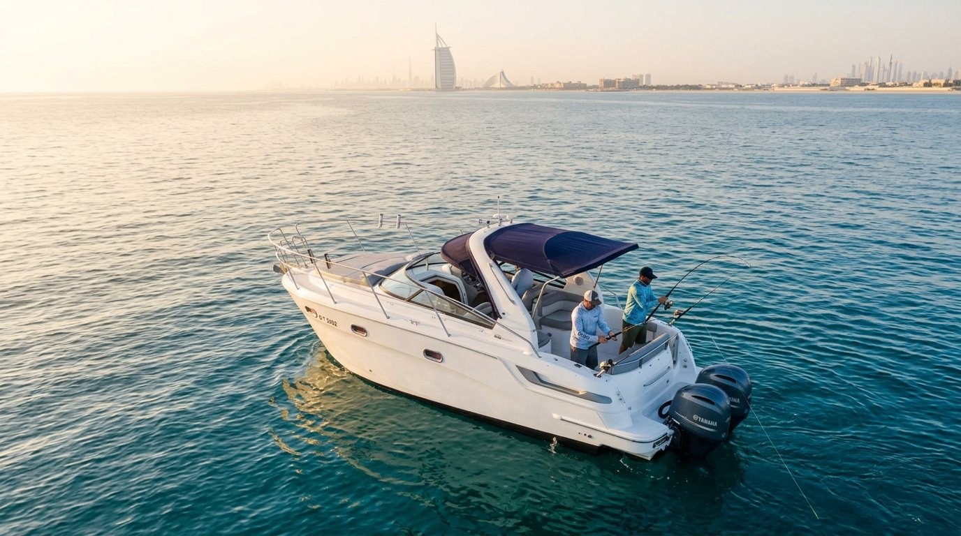Anglers holding fishing rods at the stern of a boat off Dubai coast