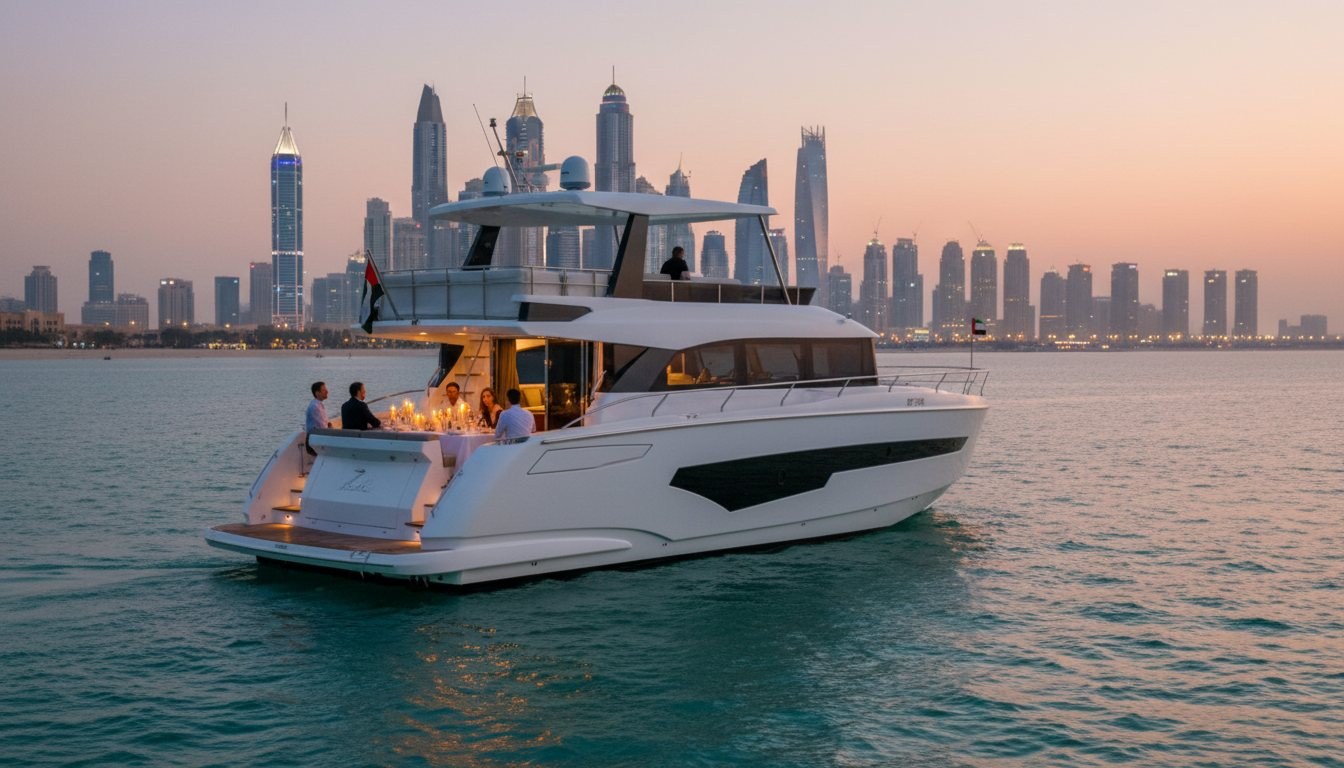 Candlelit dinner table set on a yacht deck against illuminated Dubai Marina towers