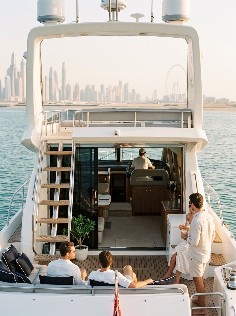 Captain navigating from the helm while guests lounge comfortably on the yacht