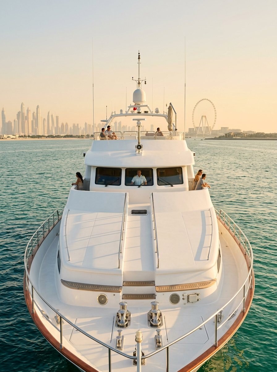 Captain steering the yacht at the helm with relaxed guests on deck