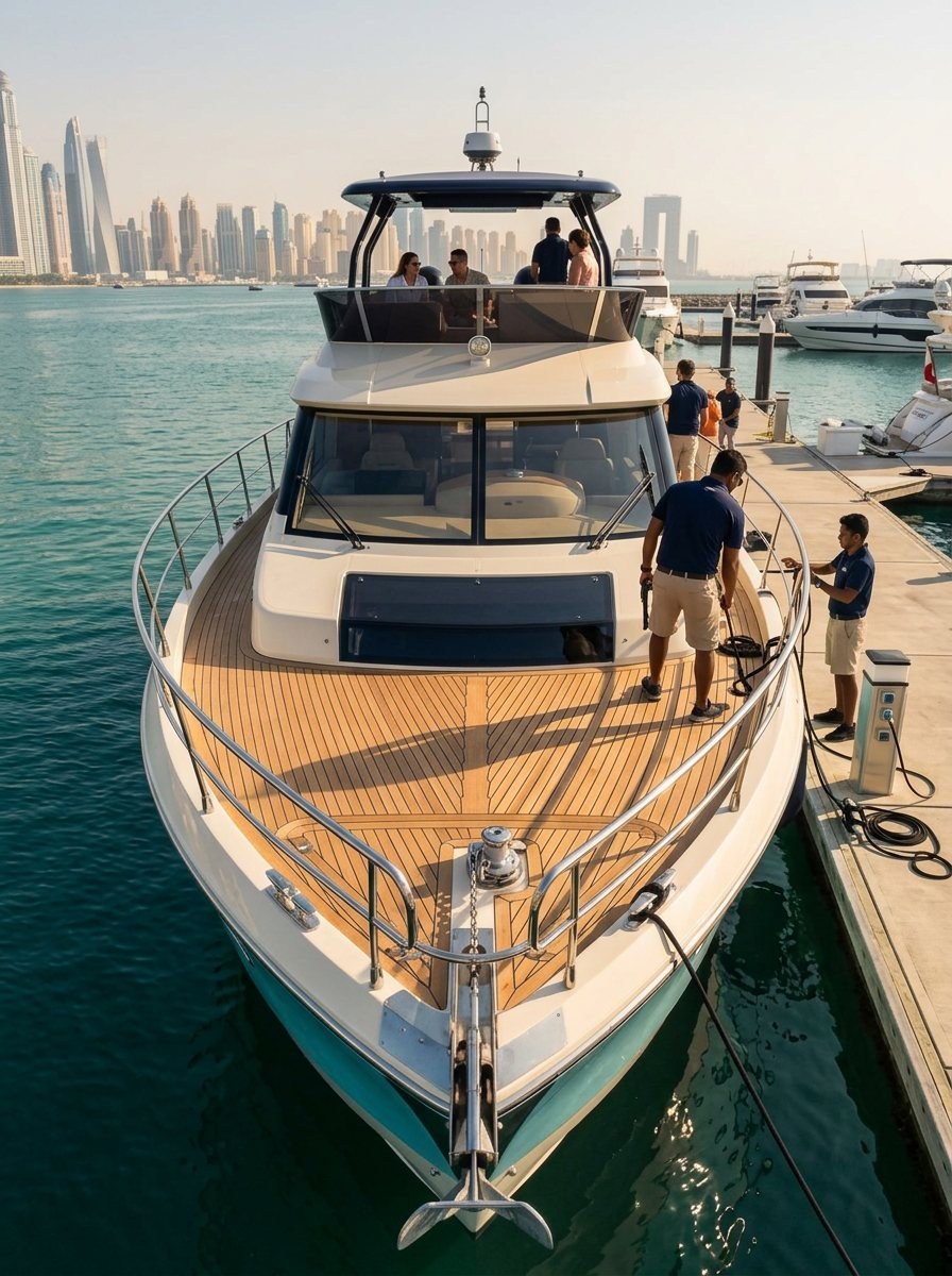 Deck view looking aft as crew members prepare the yacht in bright sunshine