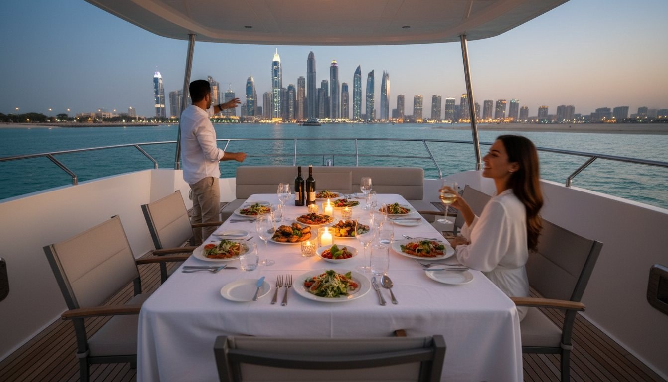 Elegant dinner table with candles on a yacht deck near Dubai Marina