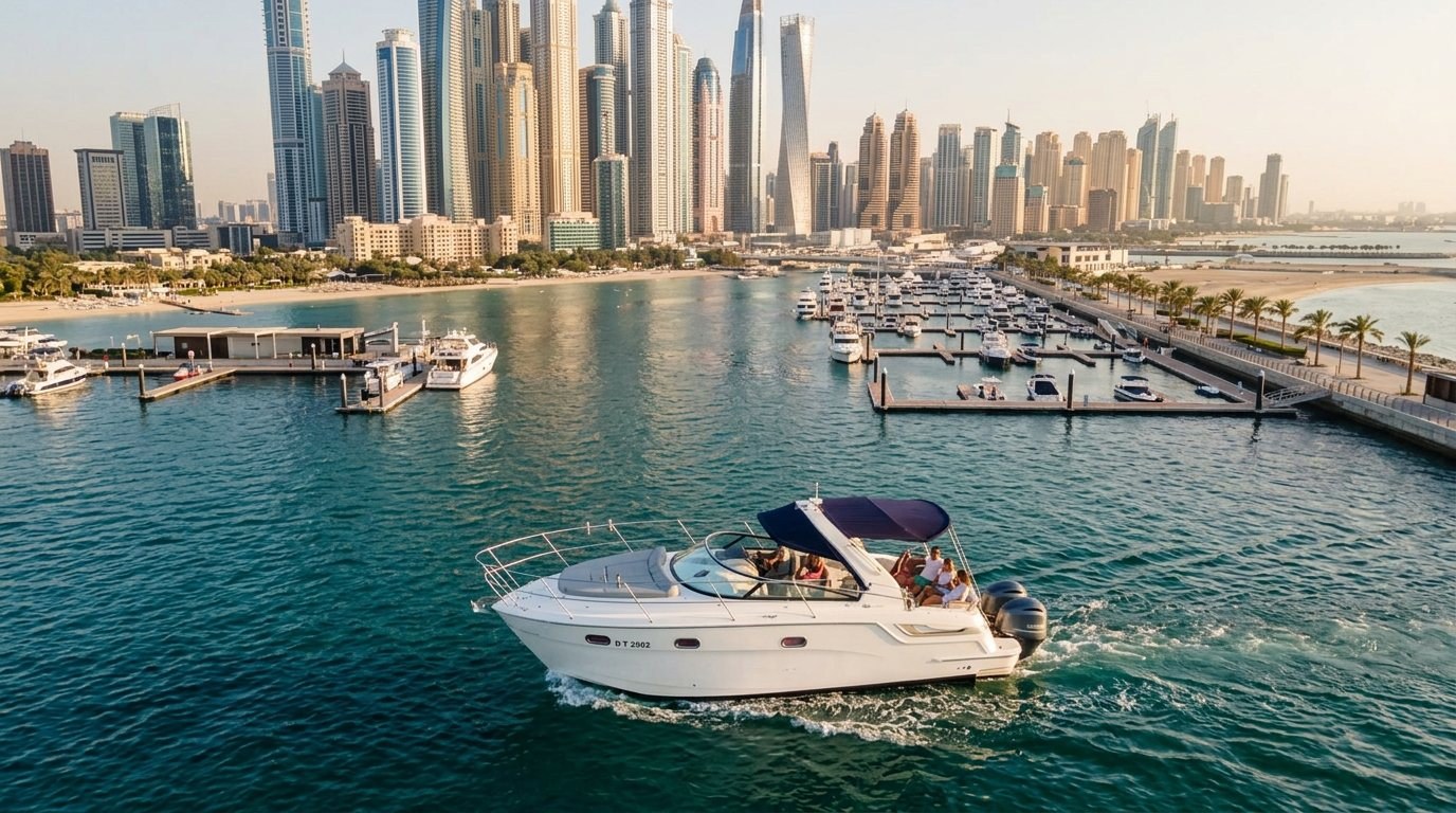 Overhead view of luxury yachts moored at berths beneath Dubai Marina skyscrapers