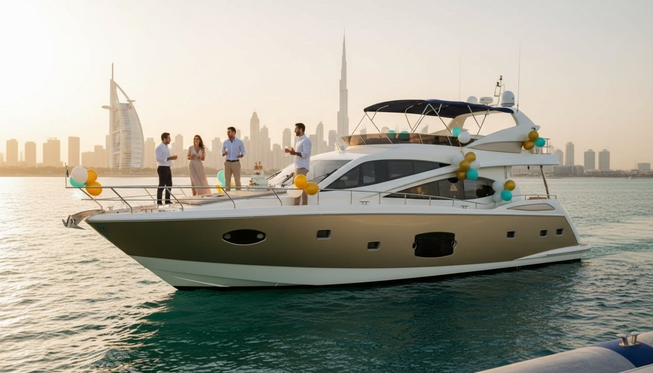 Party yacht decorated with balloons cruising past the Dubai skyline at sunset