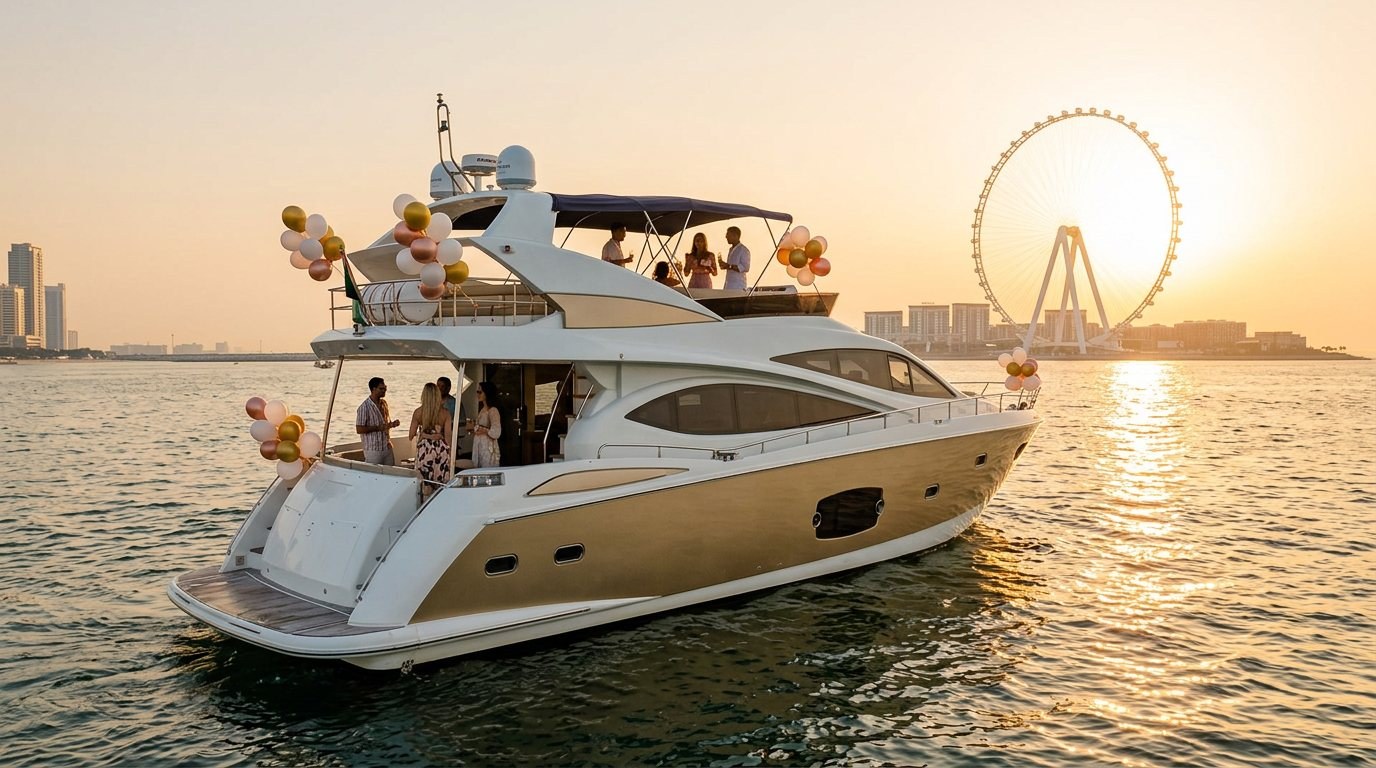 Party yacht decorated with balloons cruising past the Dubai skyline at sunset
