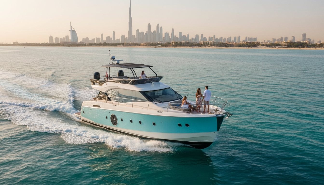 Private white motor yacht sailing near iconic Dubai landmarks in the evening