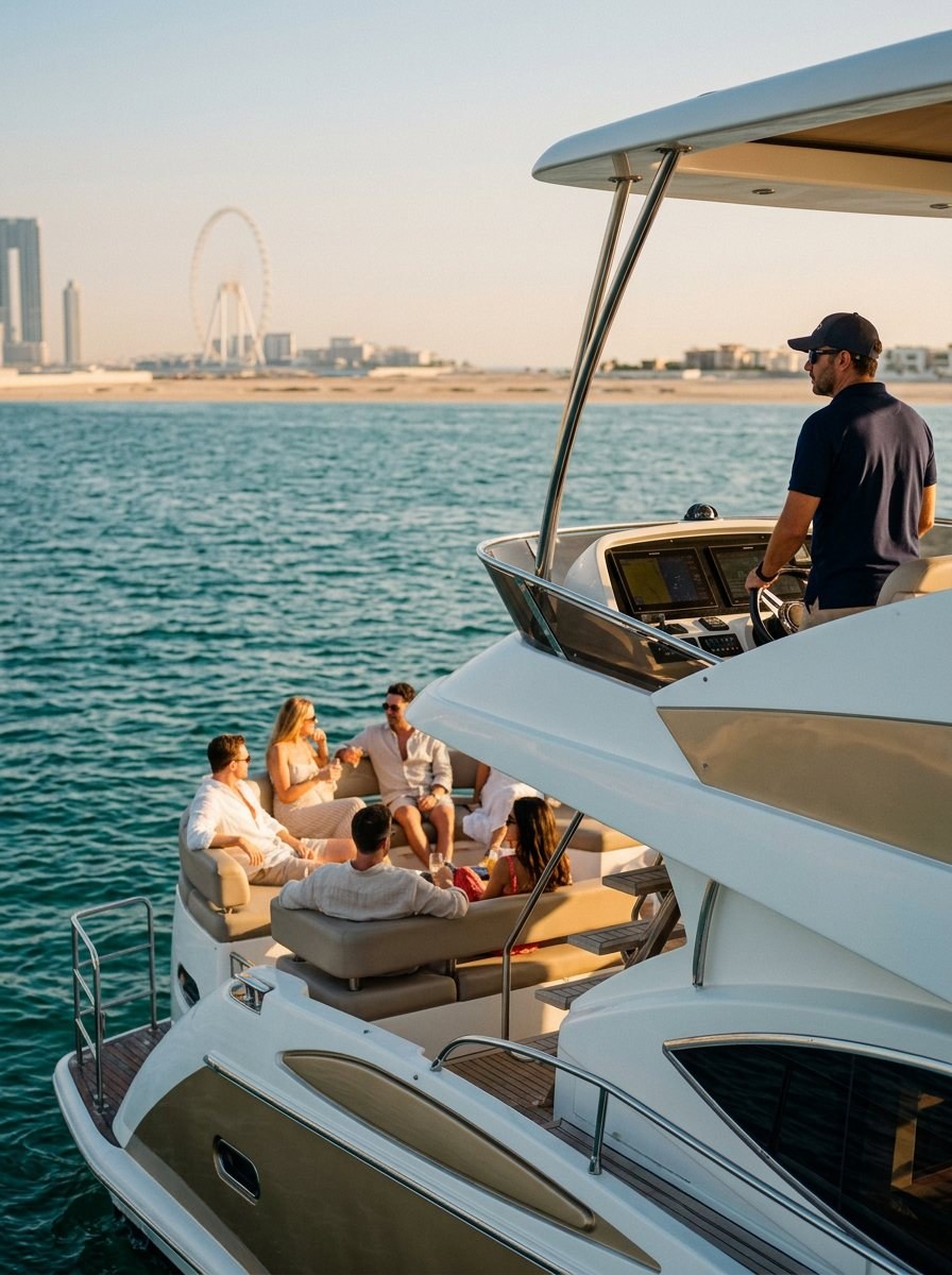 Skipper at the yacht helm station on a bright sunny day in Dubai