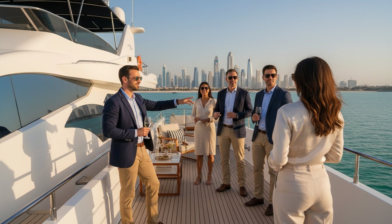 Smartly dressed corporate guests networking on a sunlit yacht deck in Dubai