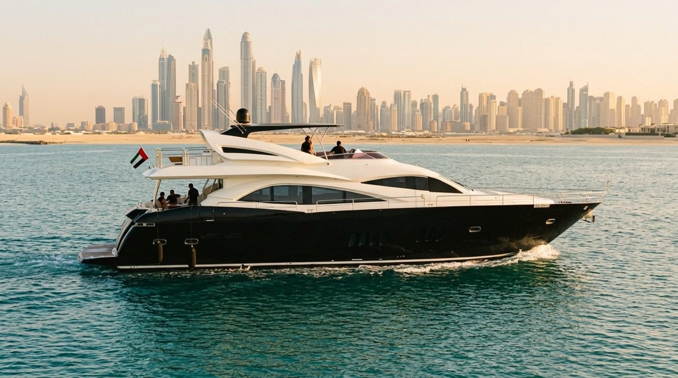 White motor yacht navigating calm waters with the glowing Dubai skyline behind