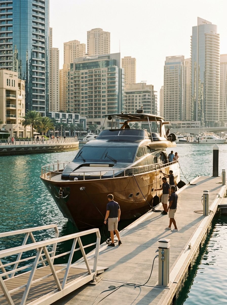Yacht crew on a Dubai marina pier with warm late afternoon shadows