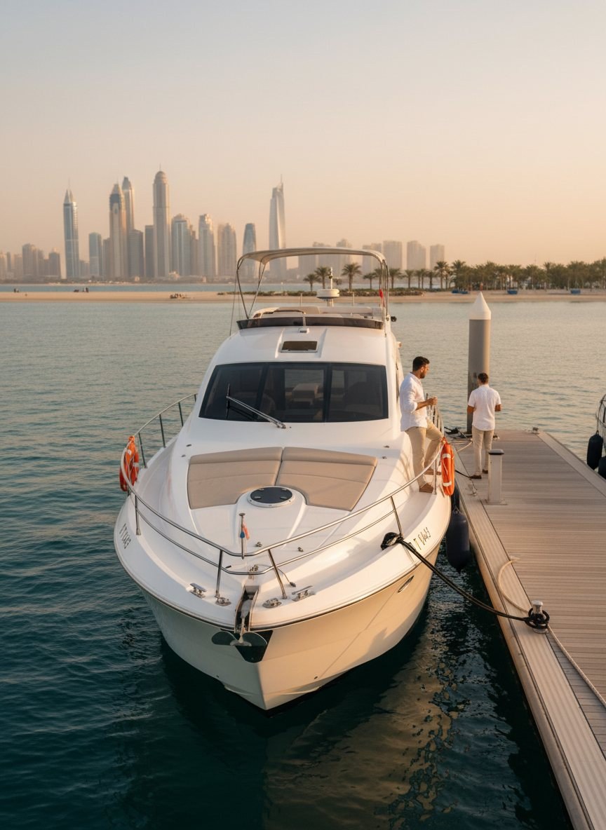 Yacht crew working along the sunlit deck docked at a Dubai marina pier